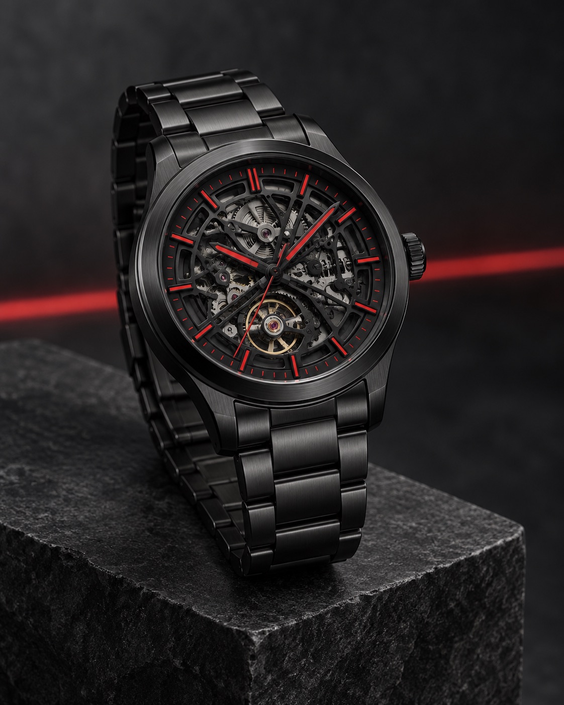 Black and red openwork watch with a black steel bracelet on a dark stone plinth