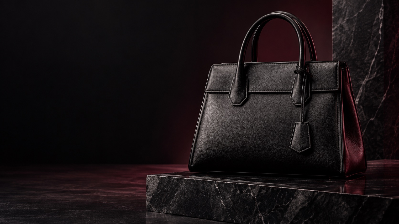 Structured black leather handbag on a sculptural stone display