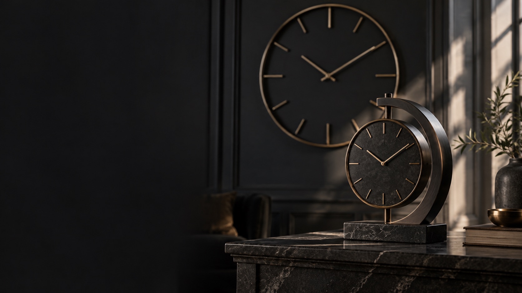 Wall and tabletop clocks in a moody modern interior
