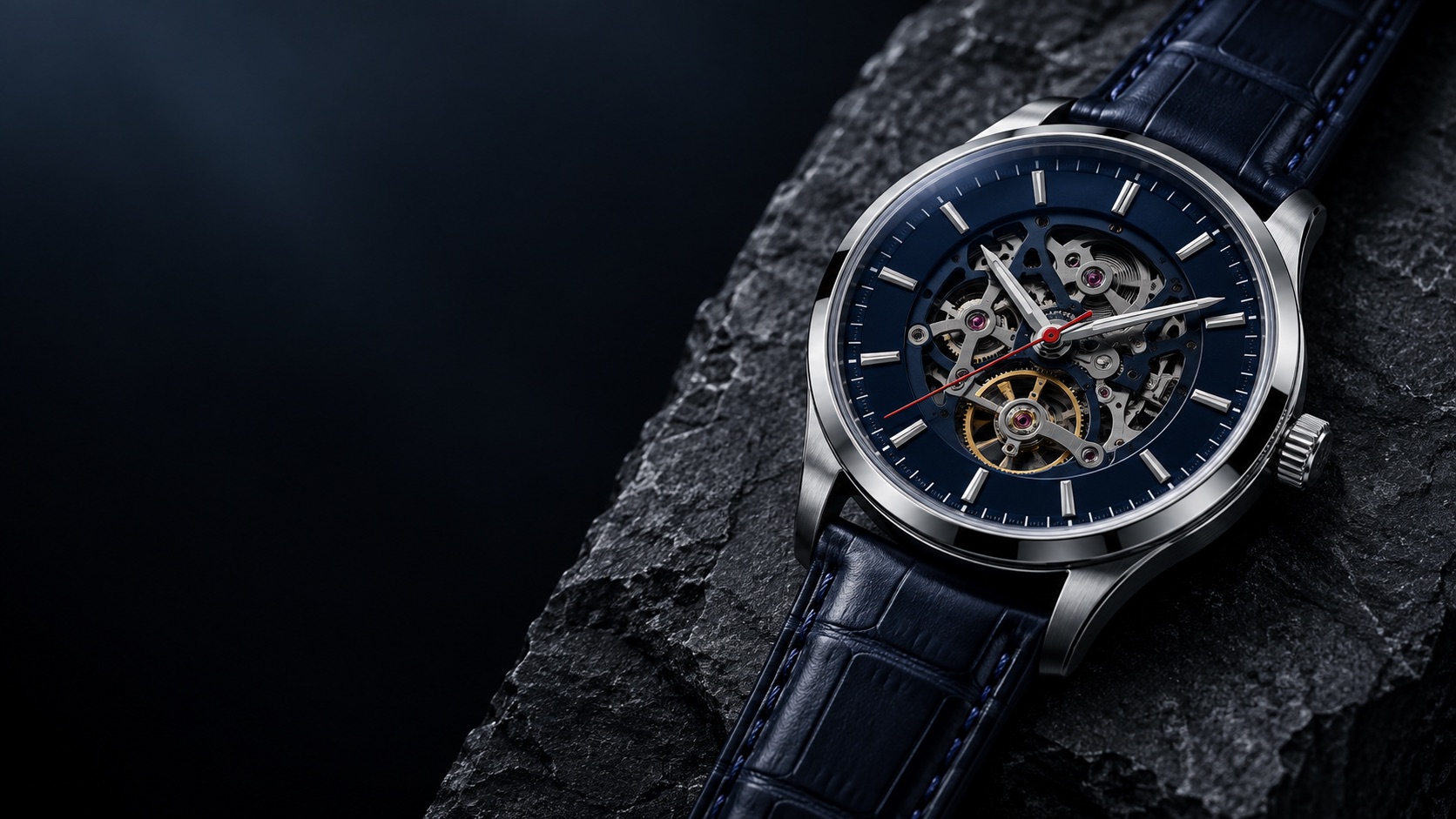 Openwork wristwatch in a midnight-blue editorial setting