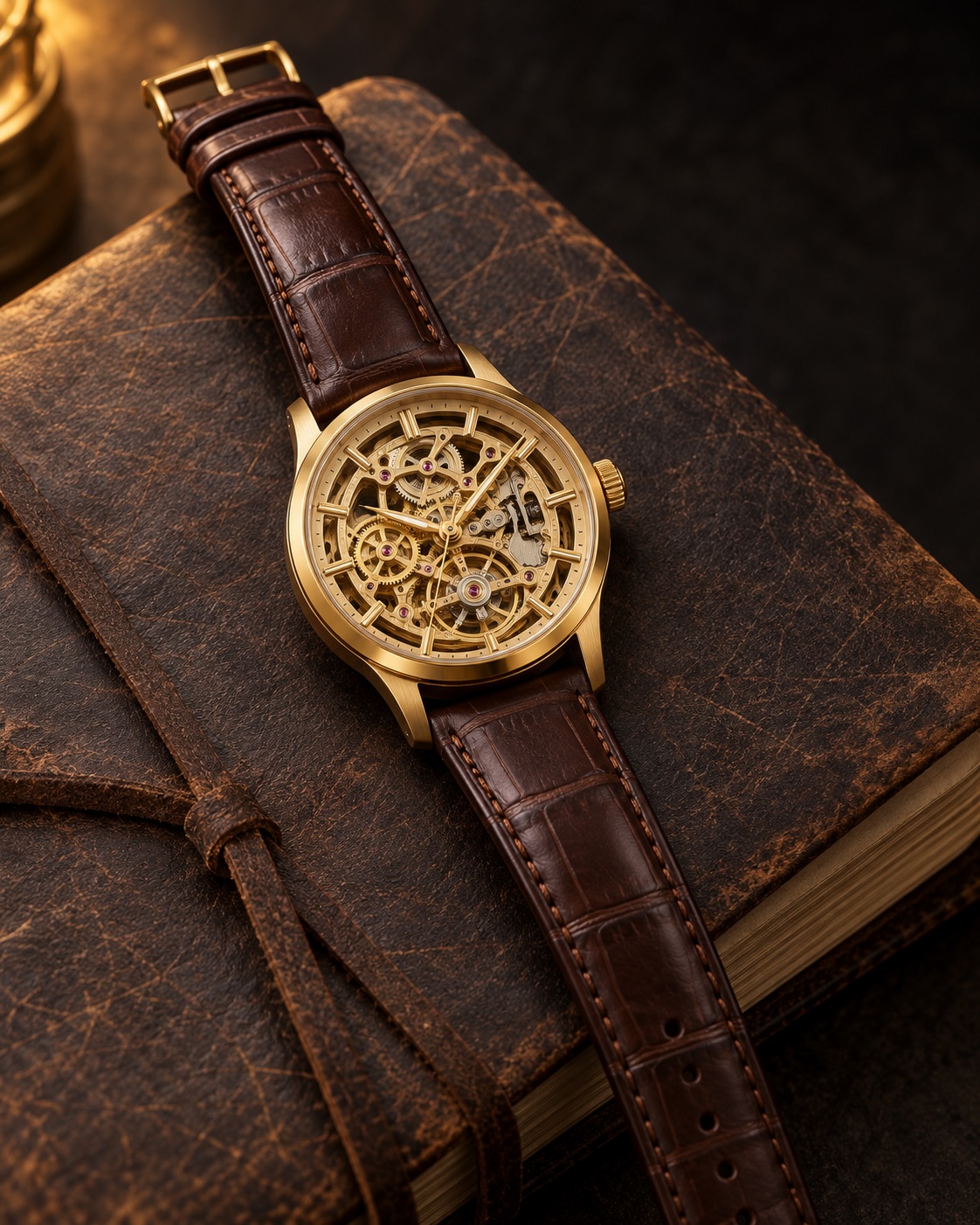 Gold-tone openwork watch with brown leather strap on a vintage travel journal