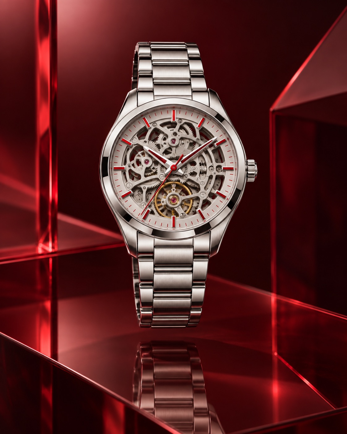 Silver and red openwork watch displayed over reflective burgundy glass