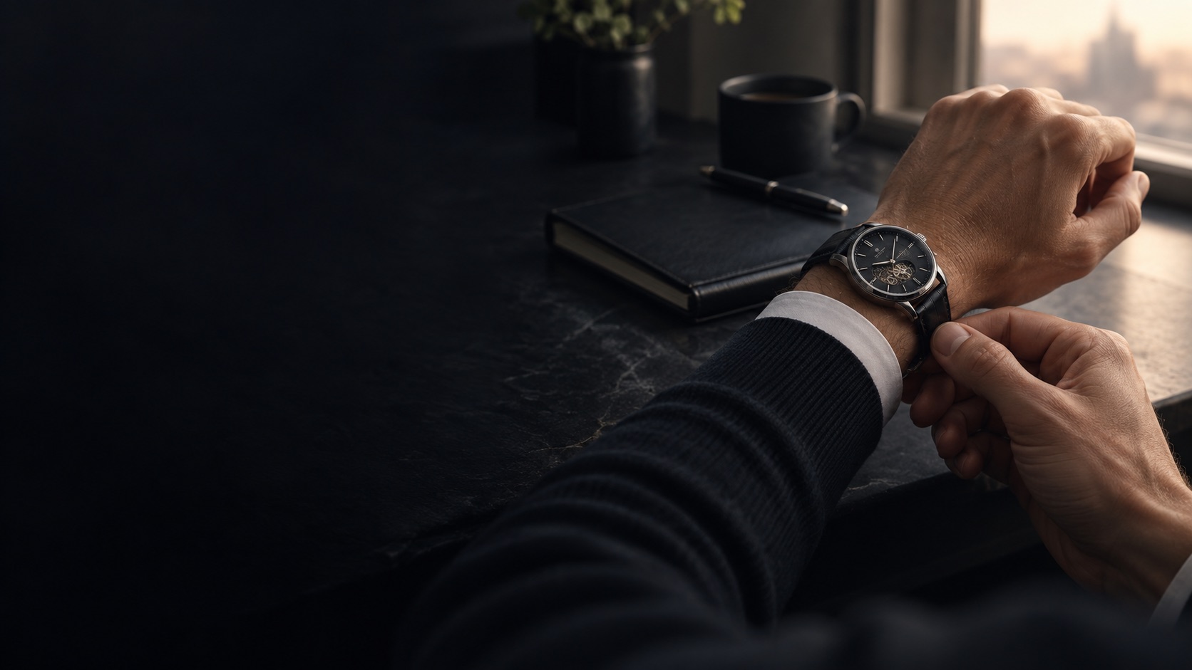 A quiet everyday moment with a black wristwatch, notebook and warm light